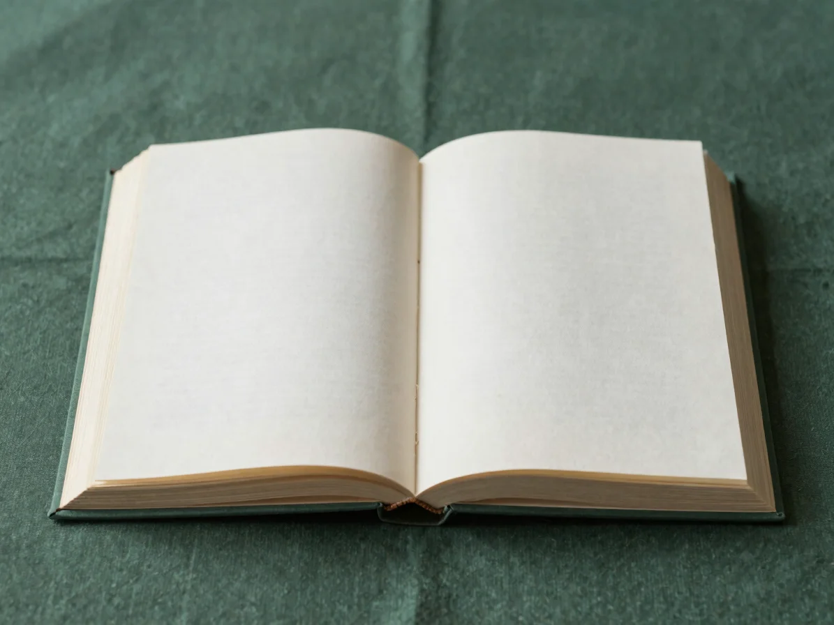 Editorial photography, close view of an open book with blank page