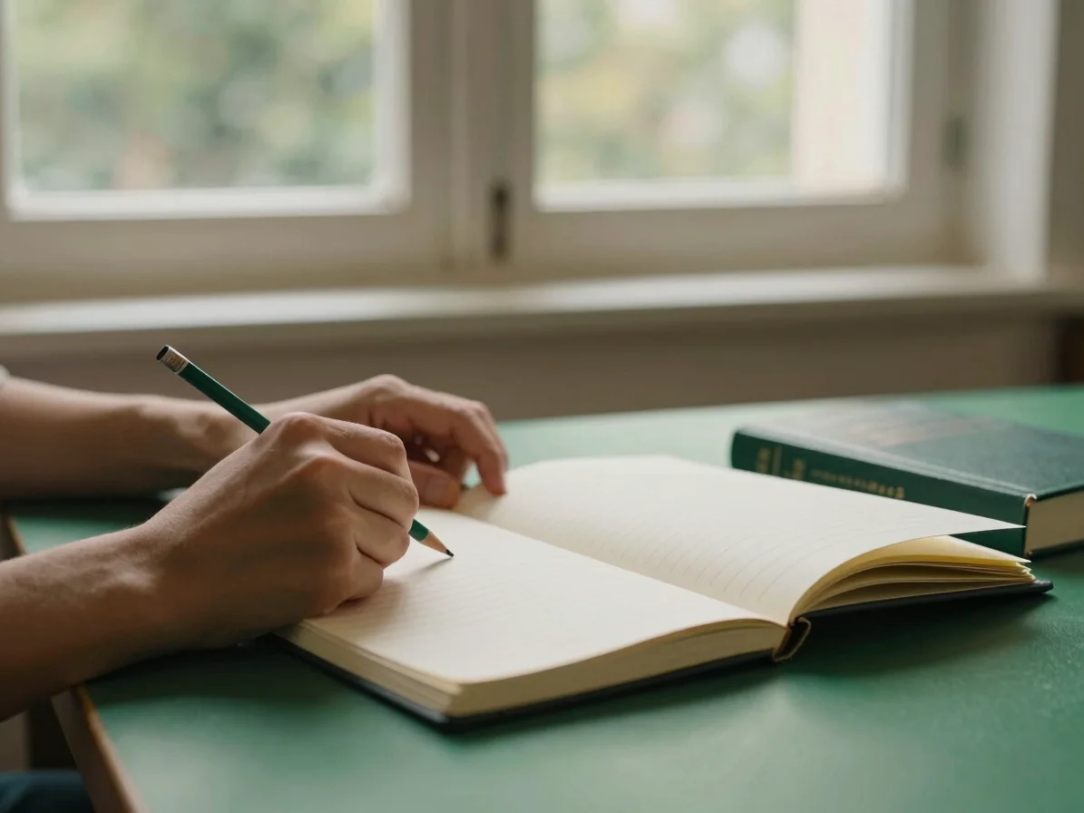 Editorial photography, hands resting on a notebook beside a penci